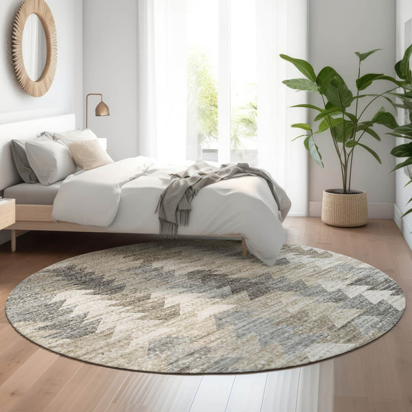HomeRoots 8' Modern Geometric Washable Round Rug in Taupe, Ivory & Gray – Durable, UV Protected & Stylish 653149