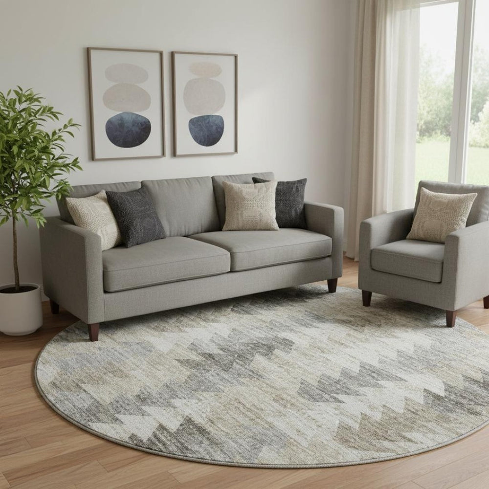 HomeRoots 8' Modern Geometric Washable Round Rug in Taupe, Ivory & Gray – Durable, UV Protected & Stylish 653149