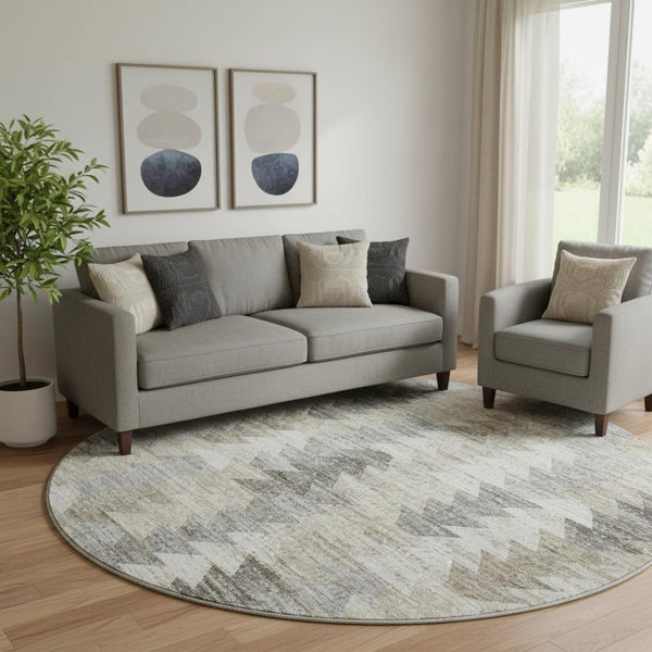 HomeRoots 8' Modern Geometric Washable Round Rug in Taupe, Ivory & Gray – Durable, UV Protected & Stylish 653149