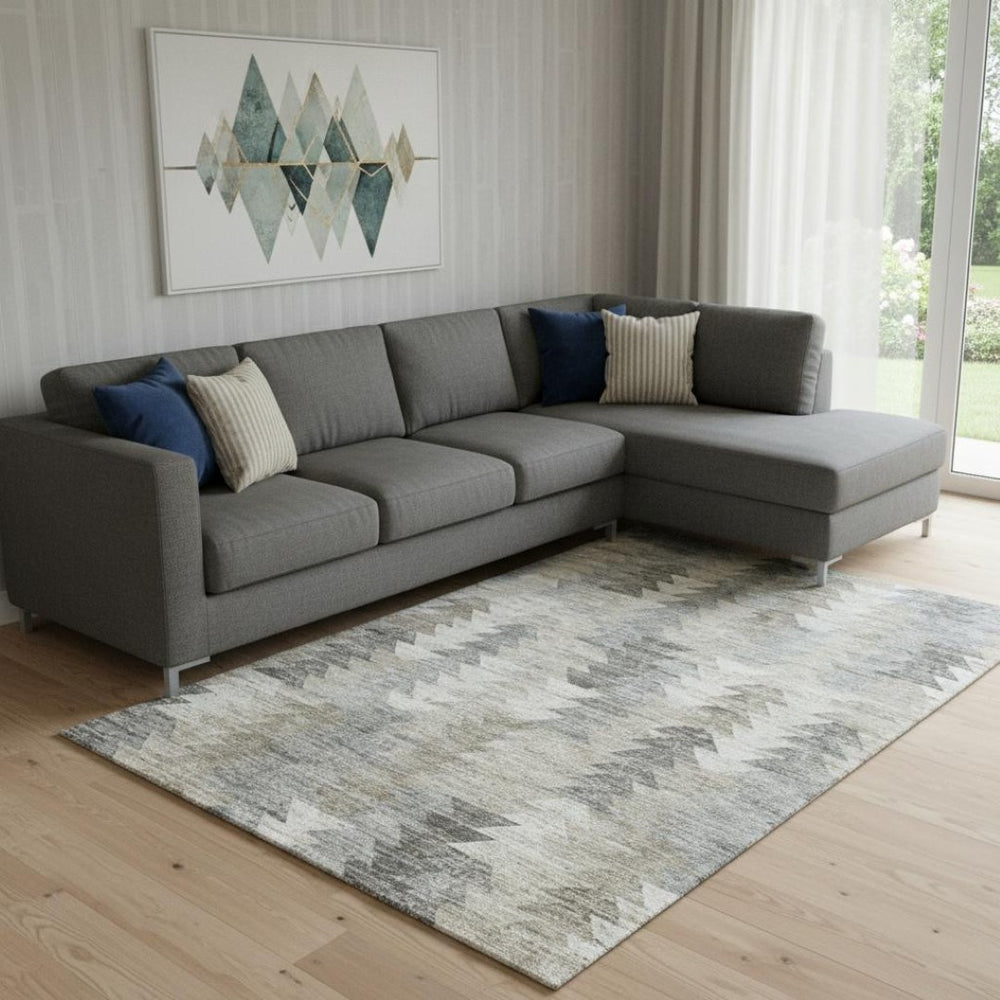 HomeRoots 9' X 12' Stylish Taupe, Ivory & Gray Geometric Washable Area Rug with UV Protection for Homes 653151