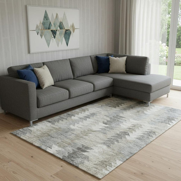 HomeRoots 9' X 12' Stylish Taupe, Ivory & Gray Geometric Washable Area Rug with UV Protection for Homes 653151