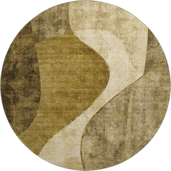 HomeRoots 8' Brown and Beige Abstract Round Rug - Washable with UV Protection for Stylish High-Traffic Areas 653155