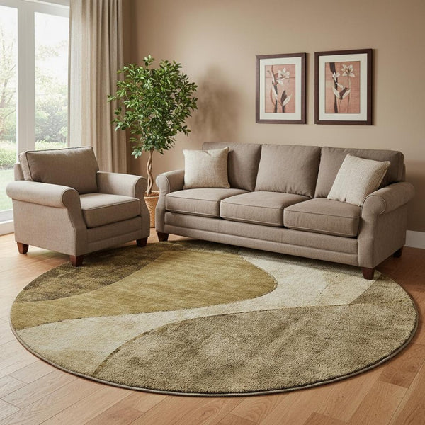 HomeRoots 8' Brown and Beige Abstract Round Rug - Washable with UV Protection for Stylish High-Traffic Areas 653155