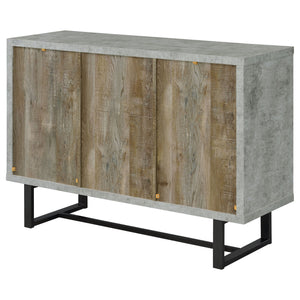 English Elm Sedona Weathered Oak Accent Cabinet with Faux Cement Frame, 3 Drawers, Shelves, Gunmetal Legs B062P351425