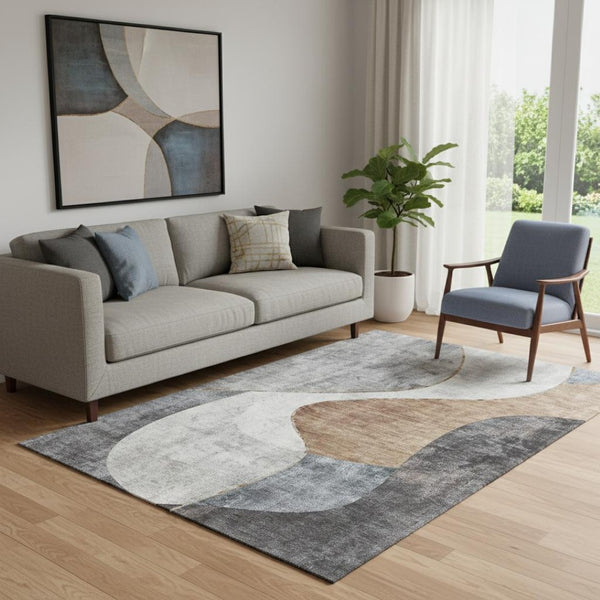 HomeRoots 5' X 8' Gray Brown Ivory Abstract Washable Area Rug with UV Protection for Kids & Pets' Safety 653166