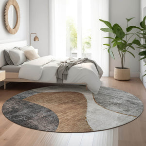 HomeRoots 8' Gray Brown and Ivory Abstract Washable Round Rug with UV Protection for High-Traffic Areas 653167