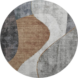 HomeRoots 8' Gray Brown and Ivory Abstract Washable Round Rug with UV Protection for High-Traffic Areas 653167