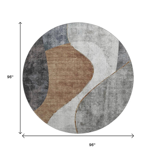 HomeRoots 8' Gray Brown and Ivory Abstract Washable Round Rug with UV Protection for High-Traffic Areas 653167