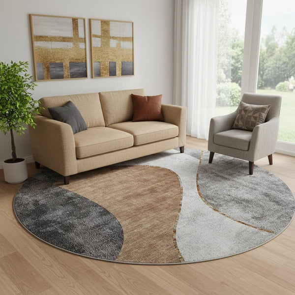 HomeRoots 8' Gray Brown and Ivory Abstract Washable Round Rug with UV Protection for High-Traffic Areas 653167