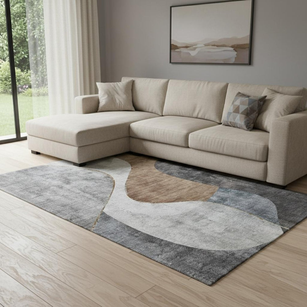 HomeRoots 9' X 12' Modern Abstract Area Rug in Gray, Brown & Ivory – Washable, UV Protected, Stain Resistant! 653169