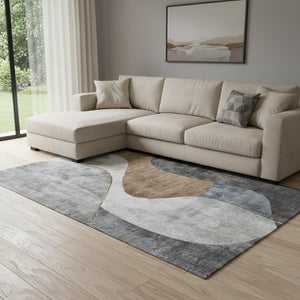 HomeRoots 9' X 12' Modern Abstract Area Rug in Gray, Brown & Ivory – Washable, UV Protected, Stain Resistant! 653169