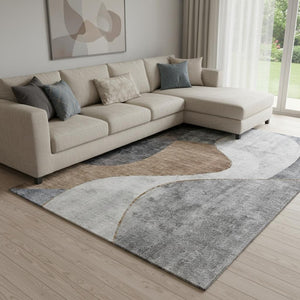 HomeRoots 10' X 14' Abstract Washable Area Rug in Gray, Brown & Ivory with UV Protection for Modern Spaces 653170