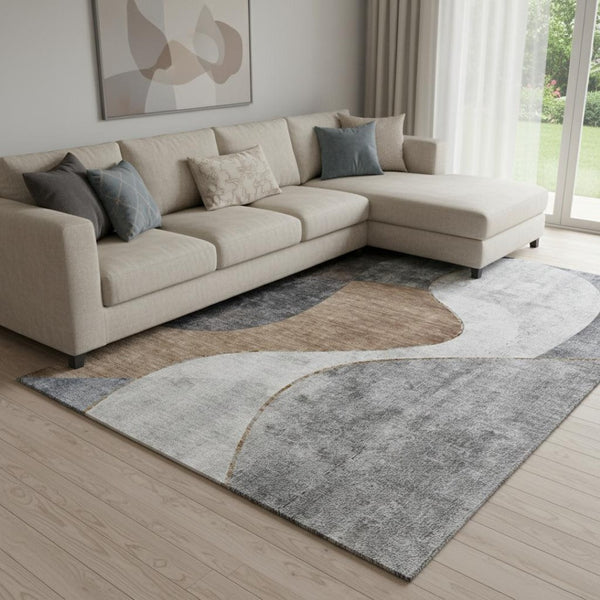 HomeRoots 10' X 14' Abstract Washable Area Rug in Gray, Brown & Ivory with UV Protection for Modern Spaces 653170