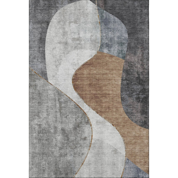 HomeRoots 10' X 14' Abstract Washable Area Rug in Gray, Brown & Ivory with UV Protection for Modern Spaces 653170
