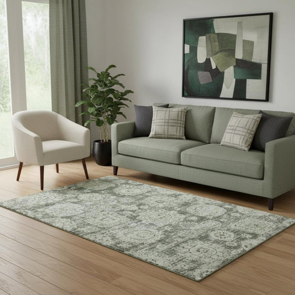 HomeRoots 5' X 8' Artichoke Green Floral Area Rug - Washable, UV-Protected, Stain-Resistant & Elegant Design 653172