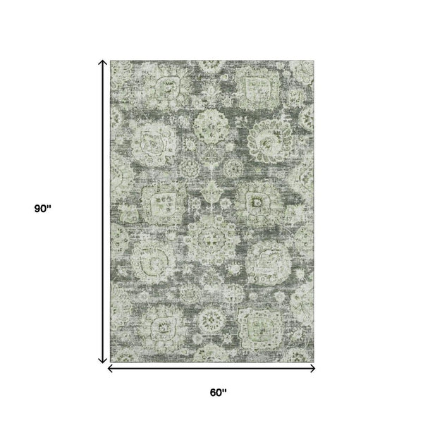 HomeRoots 5' X 8' Artichoke Green Floral Area Rug - Washable, UV-Protected, Stain-Resistant & Elegant Design 653172