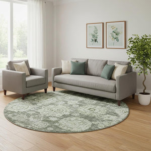 HomeRoots 8' Artichoke Green Floral Washable Round Rug - Durable, Stain Resistant, UV Protected for Homes 653173