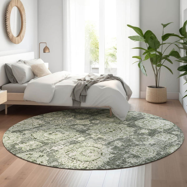 HomeRoots 8' Artichoke Green Floral Washable Round Rug - Durable, Stain Resistant, UV Protected for Homes 653173