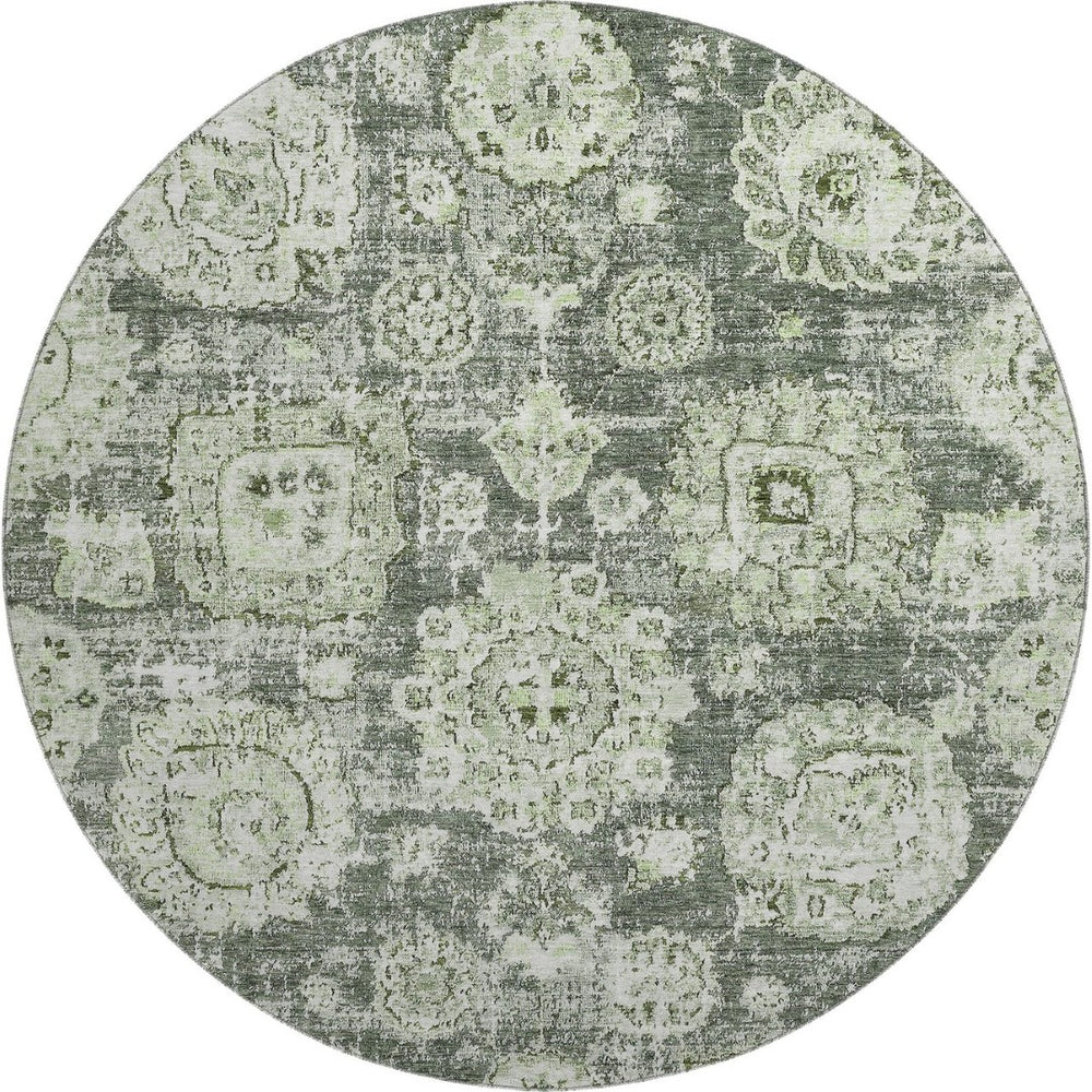 HomeRoots 8' Artichoke Green Floral Washable Round Rug - Durable, Stain Resistant, UV Protected for Homes 653173