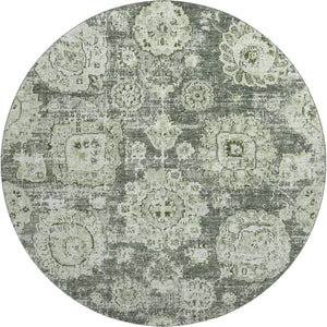 HomeRoots 8' Artichoke Green Floral Washable Round Rug - Durable, Stain Resistant, UV Protected for Homes 653173