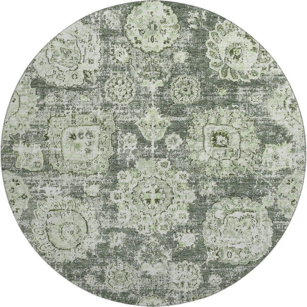 HomeRoots 8' Artichoke Green Floral Washable Round Rug - Durable, Stain Resistant, UV Protected for Homes 653173