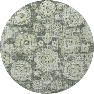 HomeRoots 8' Artichoke Green Floral Washable Round Rug - Durable, Stain Resistant, UV Protected for Homes 653173