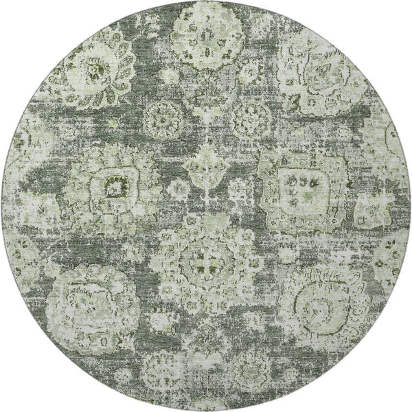 HomeRoots 8' Artichoke Green Floral Washable Round Rug - Durable, Stain Resistant, UV Protected for Homes 653173