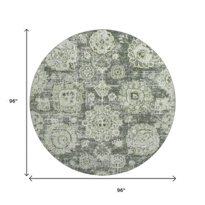 HomeRoots 8' Artichoke Green Floral Washable Round Rug - Durable, Stain Resistant, UV Protected for Homes 653173