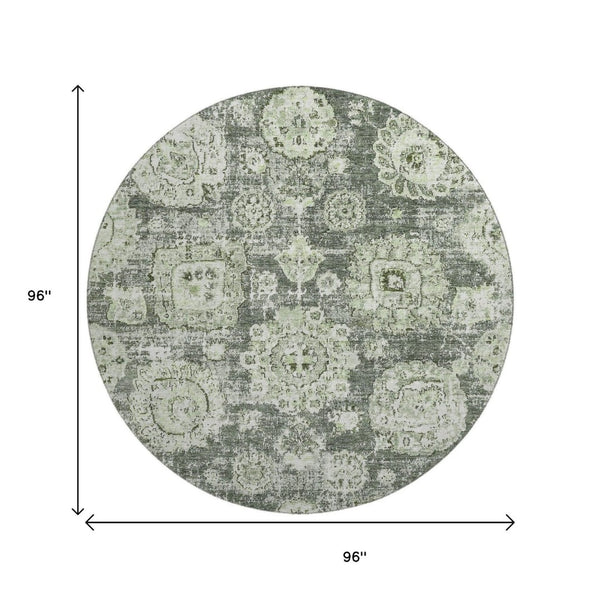 HomeRoots 8' Artichoke Green Floral Washable Round Rug - Durable, Stain Resistant, UV Protected for Homes 653173