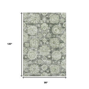 HomeRoots 8' X 10' Floral Washable Area Rug in Artichoke Green, Ivory & Gray - Durable, UV Protected Design 653174