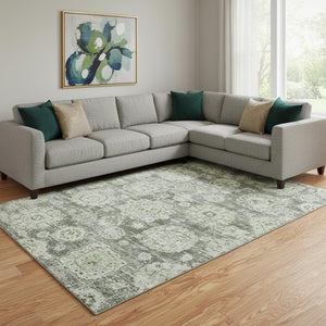HomeRoots 8' X 10' Floral Washable Area Rug in Artichoke Green, Ivory & Gray - Durable, UV Protected Design 653174