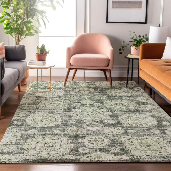 HomeRoots 8' X 10' Floral Washable Area Rug in Artichoke Green, Ivory & Gray - Durable, UV Protected Design 653174