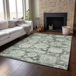 HomeRoots 8' X 10' Floral Washable Area Rug in Artichoke Green, Ivory & Gray - Durable, UV Protected Design 653174