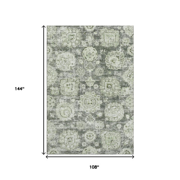 HomeRoots 9' X 12' Artichoke Green Floral Area Rug – Washable, UV Protected, Stain-Resistant, Durable Design 653175