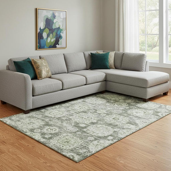 HomeRoots 9' X 12' Artichoke Green Floral Area Rug – Washable, UV Protected, Stain-Resistant, Durable Design 653175