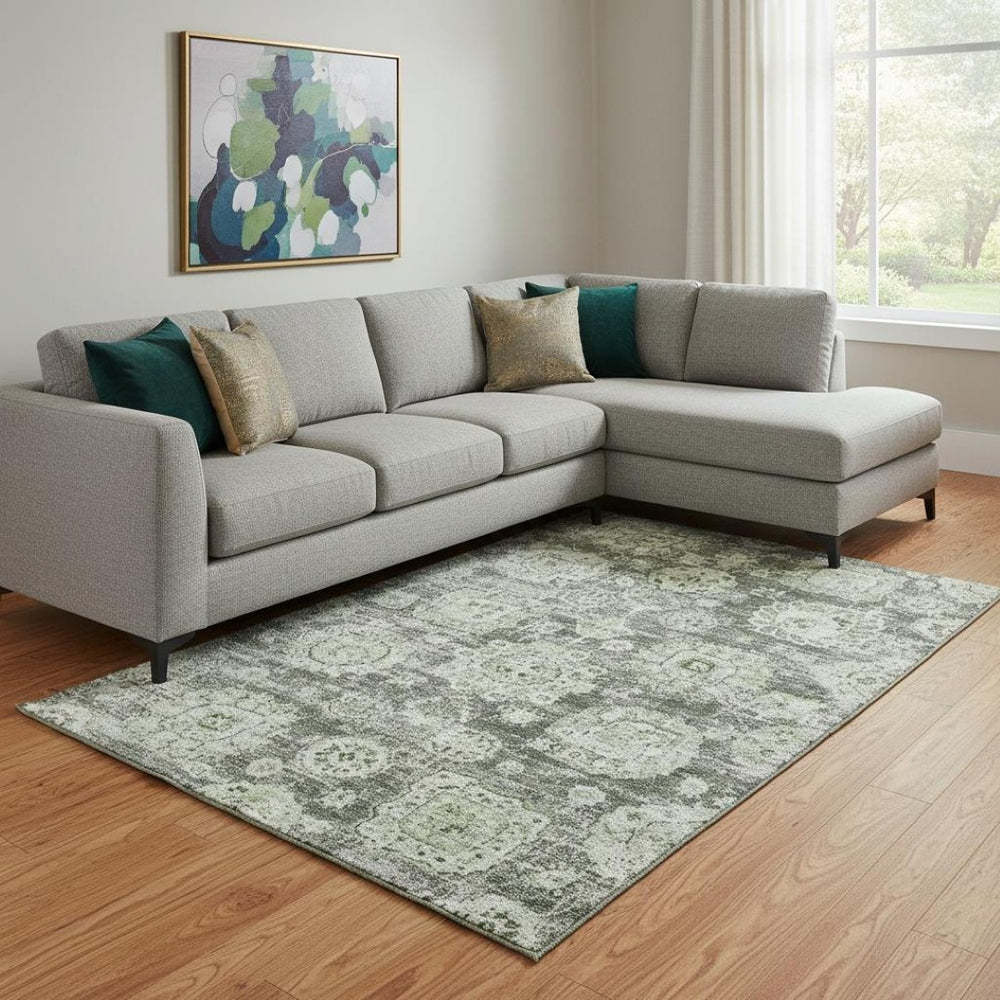 HomeRoots 10' X 14' Artichoke Green Washable Floral Area Rug with UV Protection for High-Traffic Spaces 653176