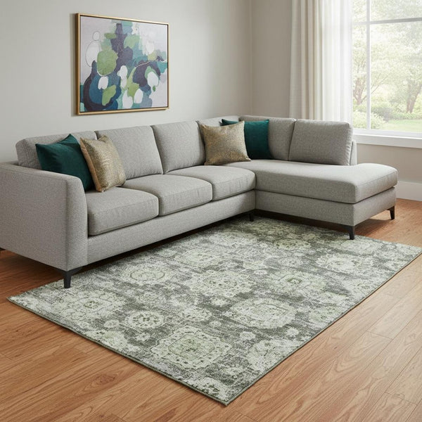 HomeRoots 10' X 14' Artichoke Green Washable Floral Area Rug with UV Protection for High-Traffic Spaces 653176