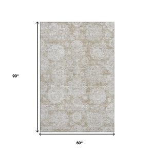 HomeRoots 5' X 8' Beige and Ivory Floral Area Rug - Washable, Stain Resistant, UV Protected for Busy Homes 653178