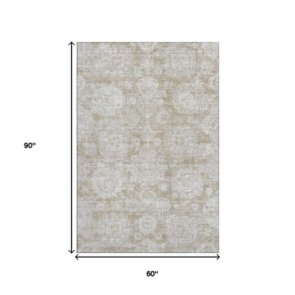 HomeRoots 5' X 8' Beige and Ivory Floral Area Rug - Washable, Stain Resistant, UV Protected for Busy Homes 653178