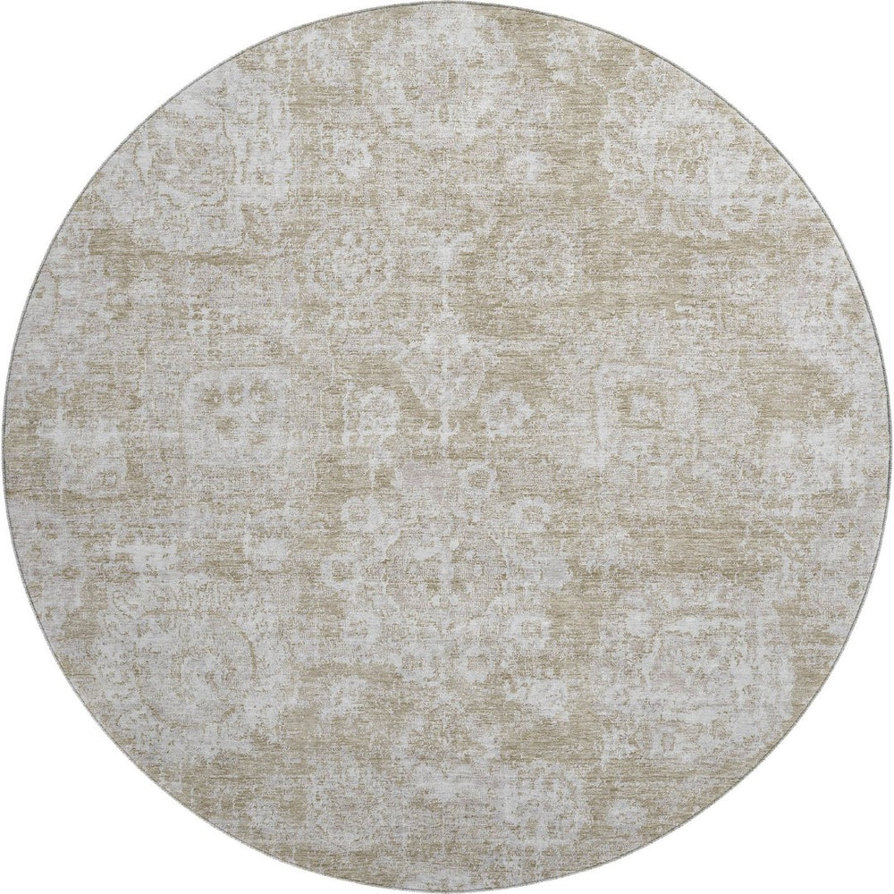 HomeRoots 8' Beige And Ivory Floral Washable Round Rug - Stylish, Durable, UV-Protected for Family Spaces! 653179
