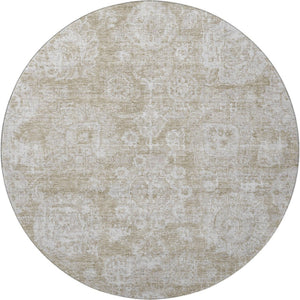 HomeRoots 8' Beige And Ivory Floral Washable Round Rug - Stylish, Durable, UV-Protected for Family Spaces! 653179