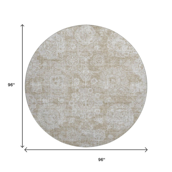HomeRoots 8' Beige And Ivory Floral Washable Round Rug - Stylish, Durable, UV-Protected for Family Spaces! 653179