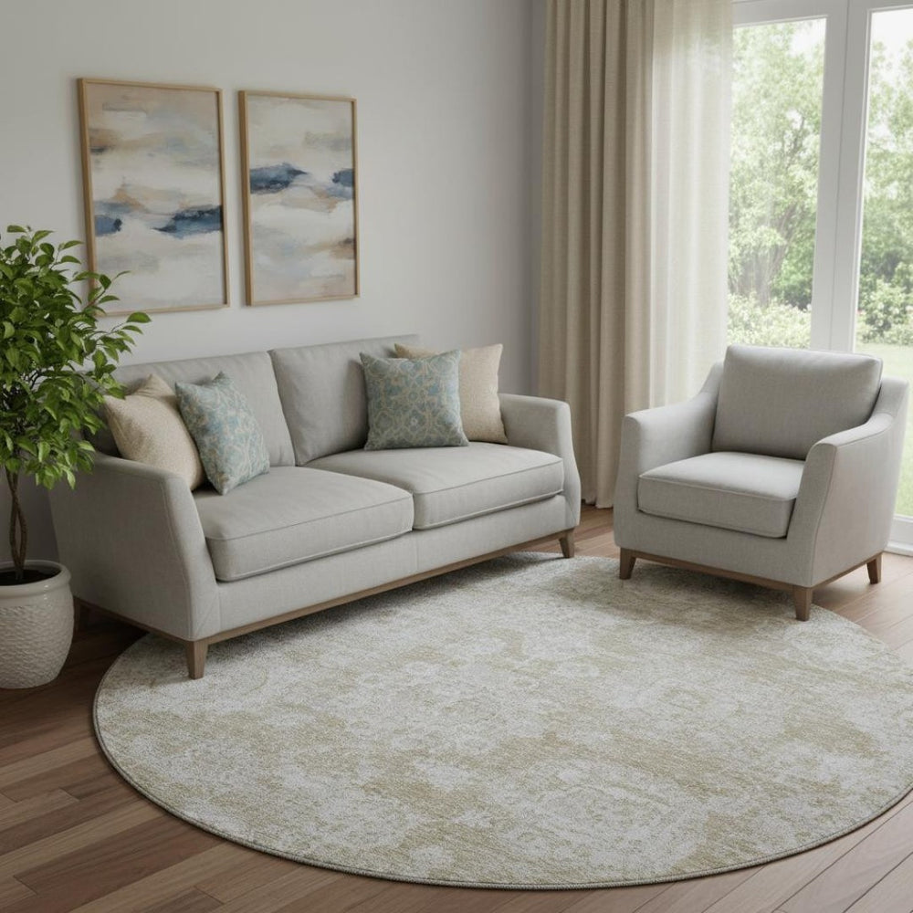 HomeRoots 8' Beige And Ivory Floral Washable Round Rug - Stylish, Durable, UV-Protected for Family Spaces! 653179