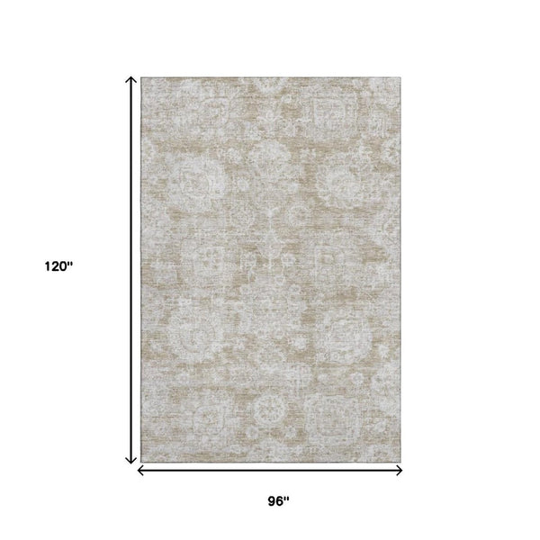 HomeRoots 8' X 10' Beige and Ivory Floral Area Rug - Washable, UV-Protected for Durable Everyday Elegance 653180