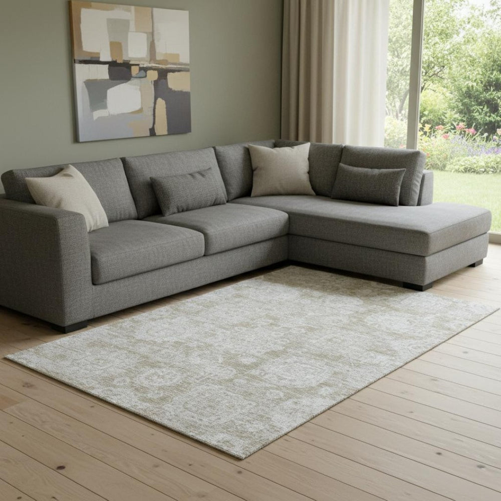 HomeRoots 10' X 14' Beige and Ivory Floral Area Rug - Washable, UV Protected, Stain Resistant for Family Homes 653182