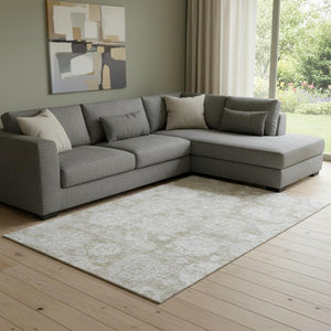 HomeRoots 10' X 14' Beige and Ivory Floral Area Rug - Washable, UV Protected, Stain Resistant for Family Homes 653182