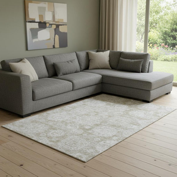 HomeRoots 10' X 14' Beige and Ivory Floral Area Rug - Washable, UV Protected, Stain Resistant for Family Homes 653182