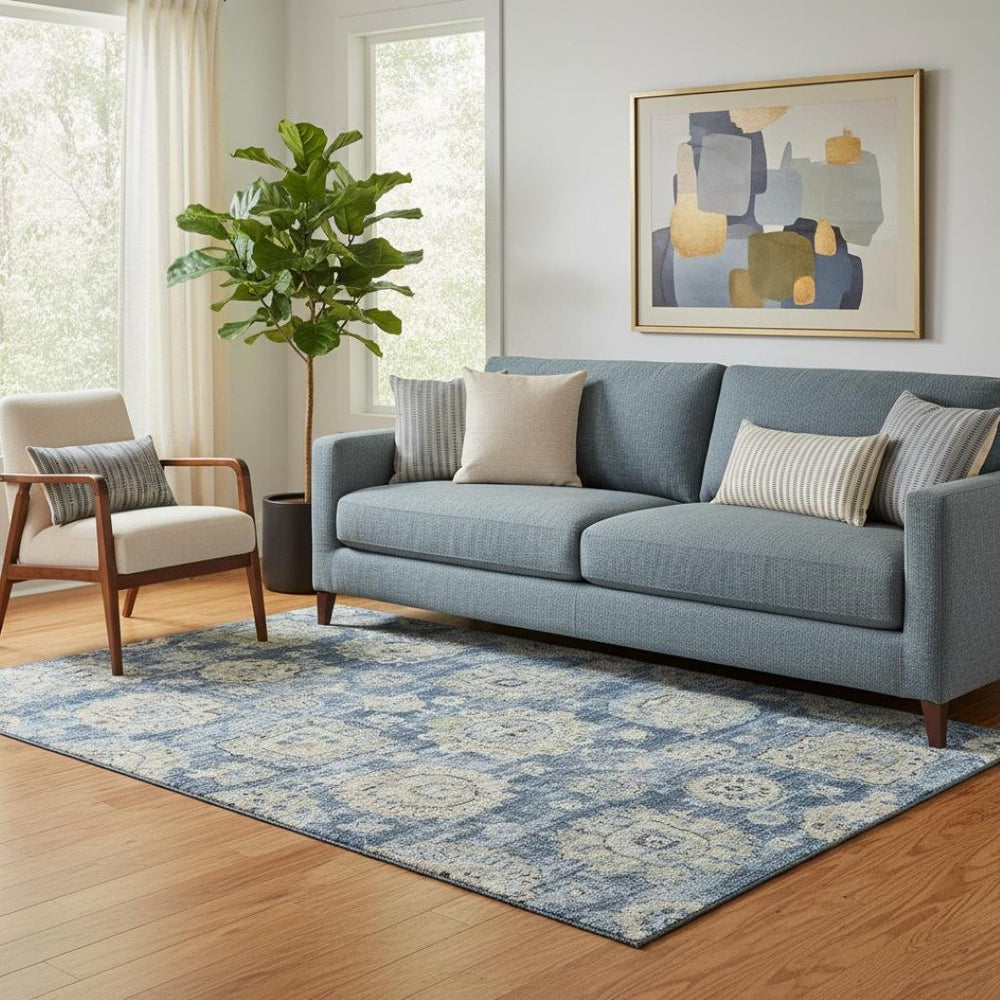 HomeRoots 5' Blue Ivory and Gold Floral Area Rug - Washable, UV Protected, Durable for Busy Homes & Stylish Décor 653184
