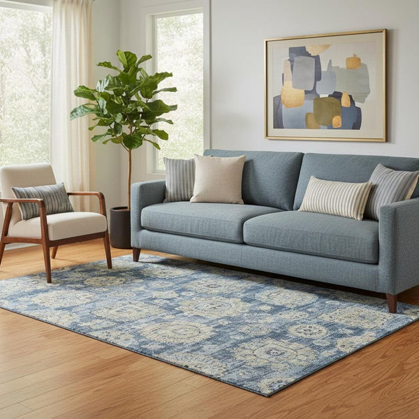 HomeRoots 5' Blue Ivory and Gold Floral Area Rug - Washable, UV Protected, Durable for Busy Homes & Stylish Décor 653184