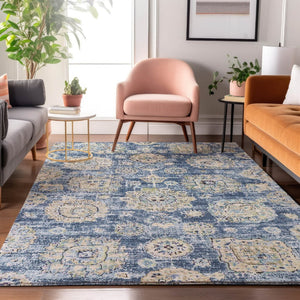 HomeRoots 5' Blue Ivory and Gold Floral Area Rug - Washable, UV Protected, Durable for Busy Homes & Stylish Décor 653184